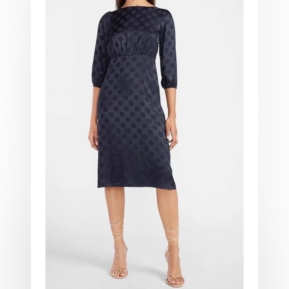 Express Dress Jacquard Dot Puff Sleeve Midi Navy Blue
